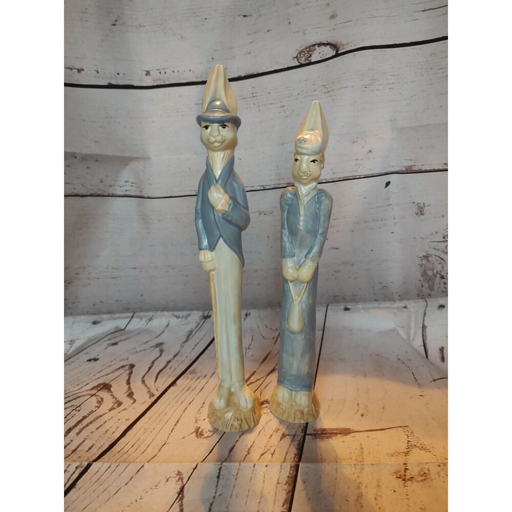 Ceramic Pencil Easter Bunny Mr And Mrs Bunny Figures White And Blue